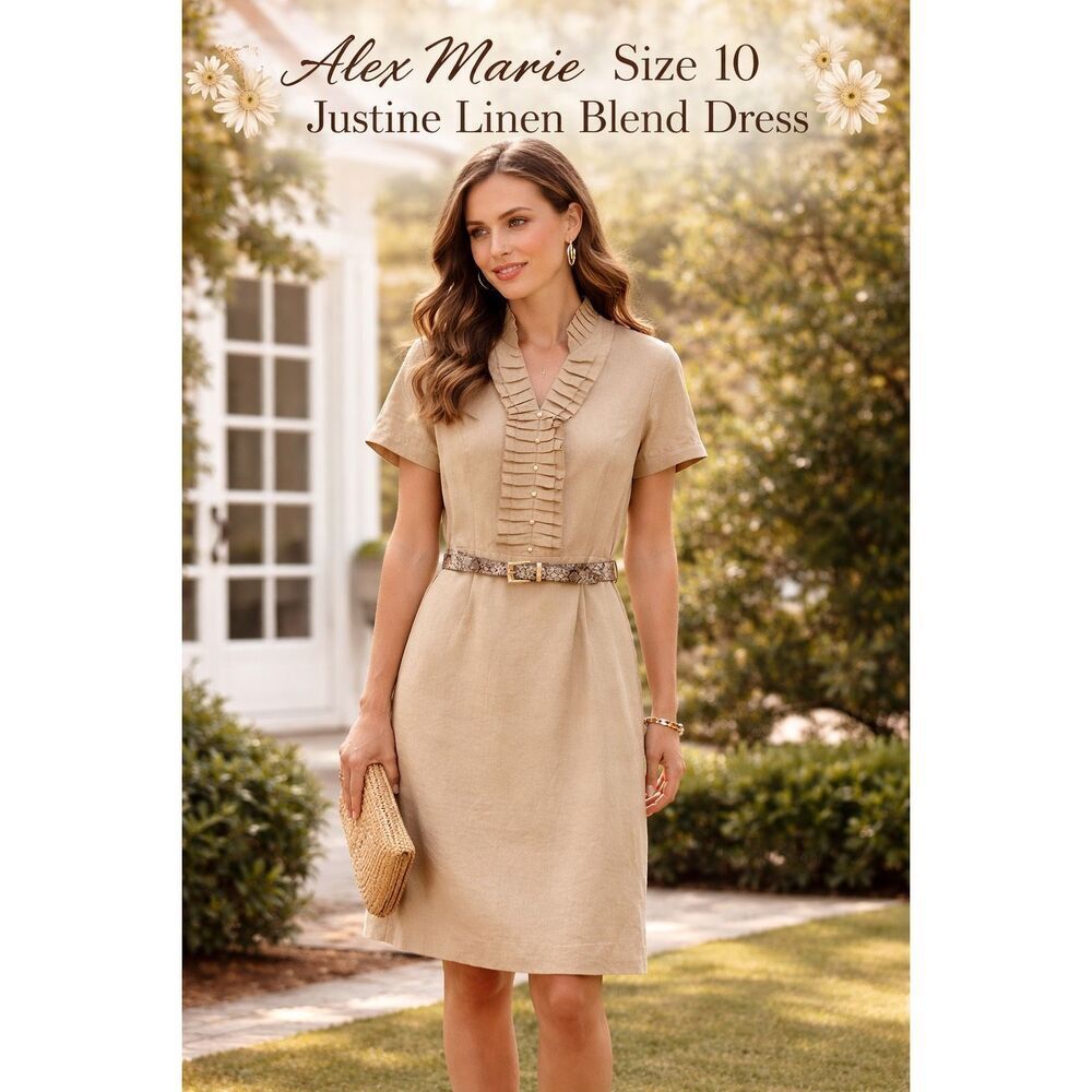 NWOT Alex Marie Justine Dress 10 Linen Blend Ruffle Belted Coastal Chic Summer